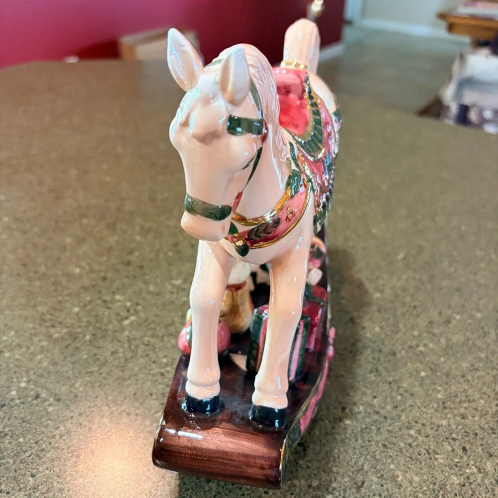 Christmas Rocking Horse Ceramic Figurine‎ Teddy Bear Gifts Gold Accents
